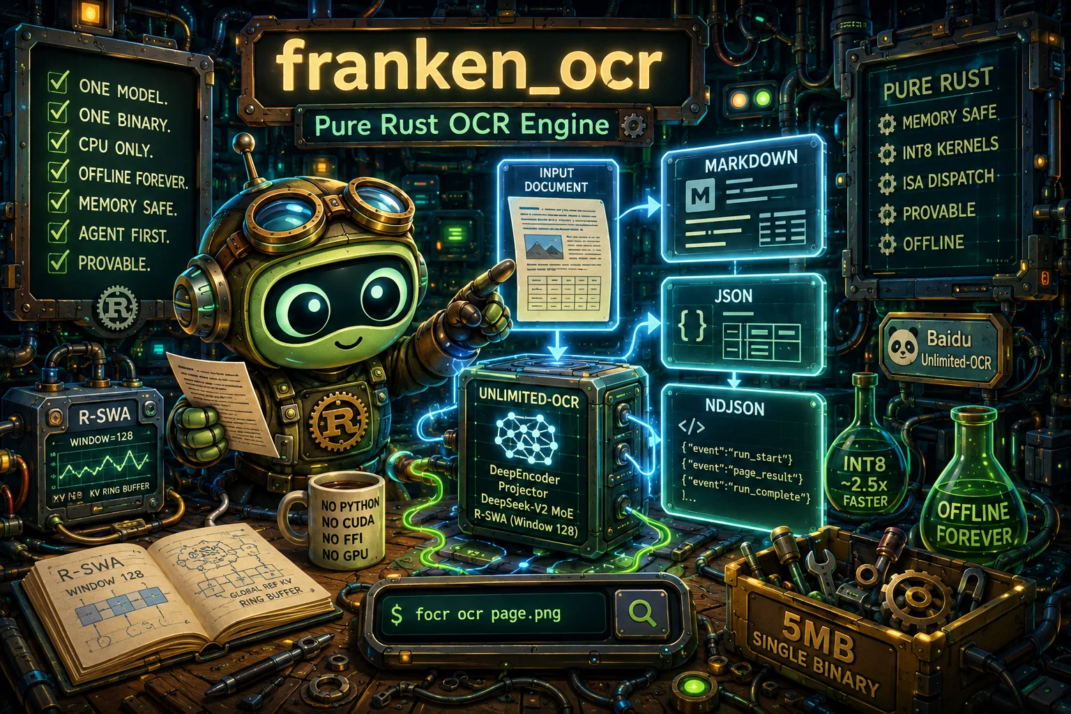The franken_ocr monster at a reading desk, stitching scanned pages into text